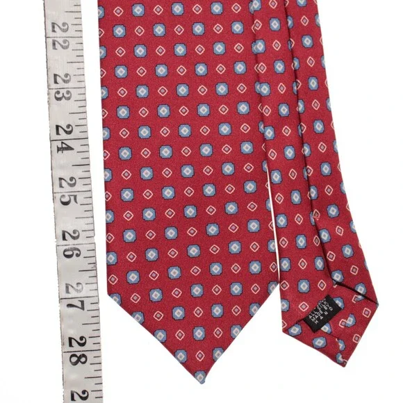 Drake's NWT Neck Tie in Red with Light Blue & White Geometric Pattern 100% Silk